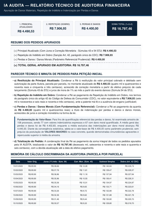 Primeira página do relatório de exemplo, com resumo dos pedidos, parecer técnico e tabela de cálculos por lançamento.