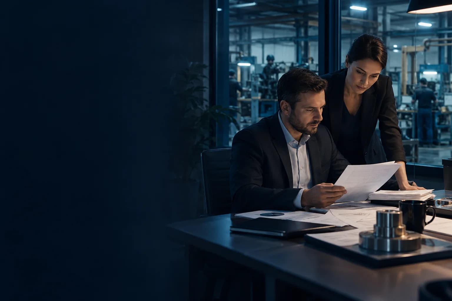 Empresário e assessoria avaliando documentos para aquisição de uma empresa.