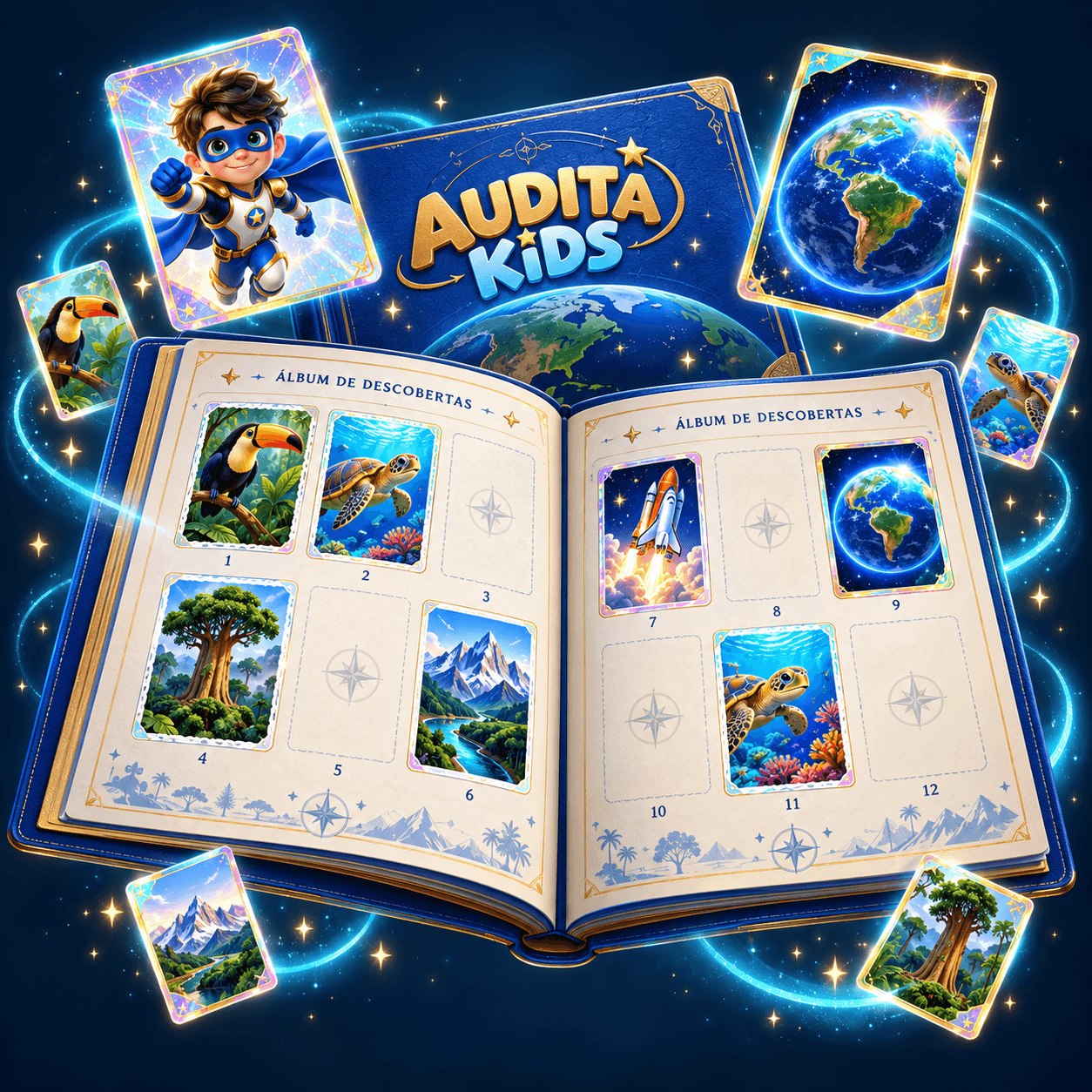 Ilustração de um álbum Audita Kids aberto, com espaços numerados e figurinhas de animais, natureza, espaço e Auditron.