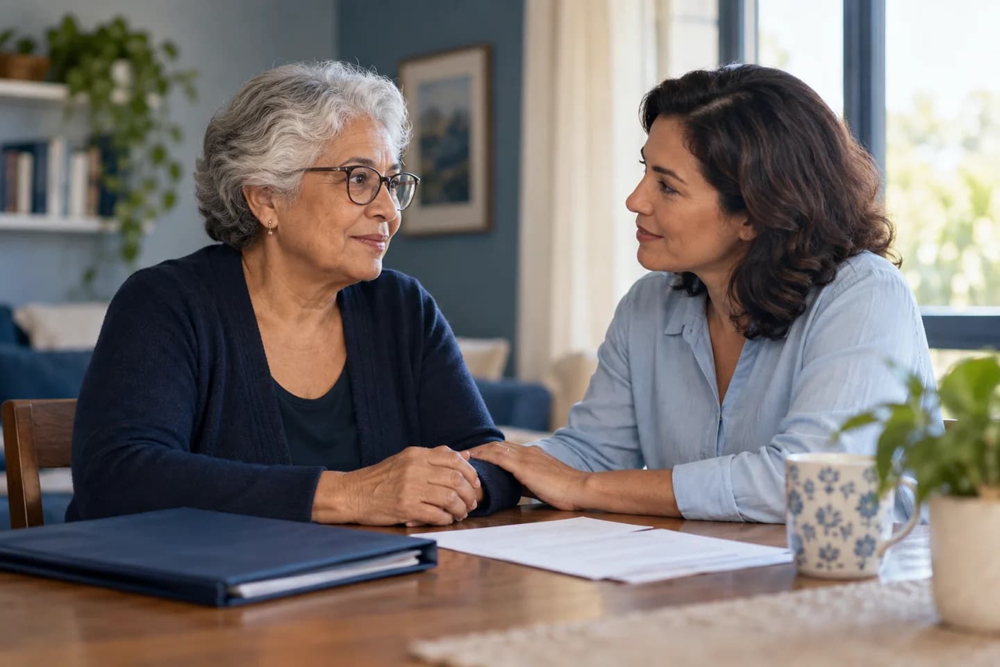 Cena ilustrativa de uma mulher idosa conversando com uma familiar.