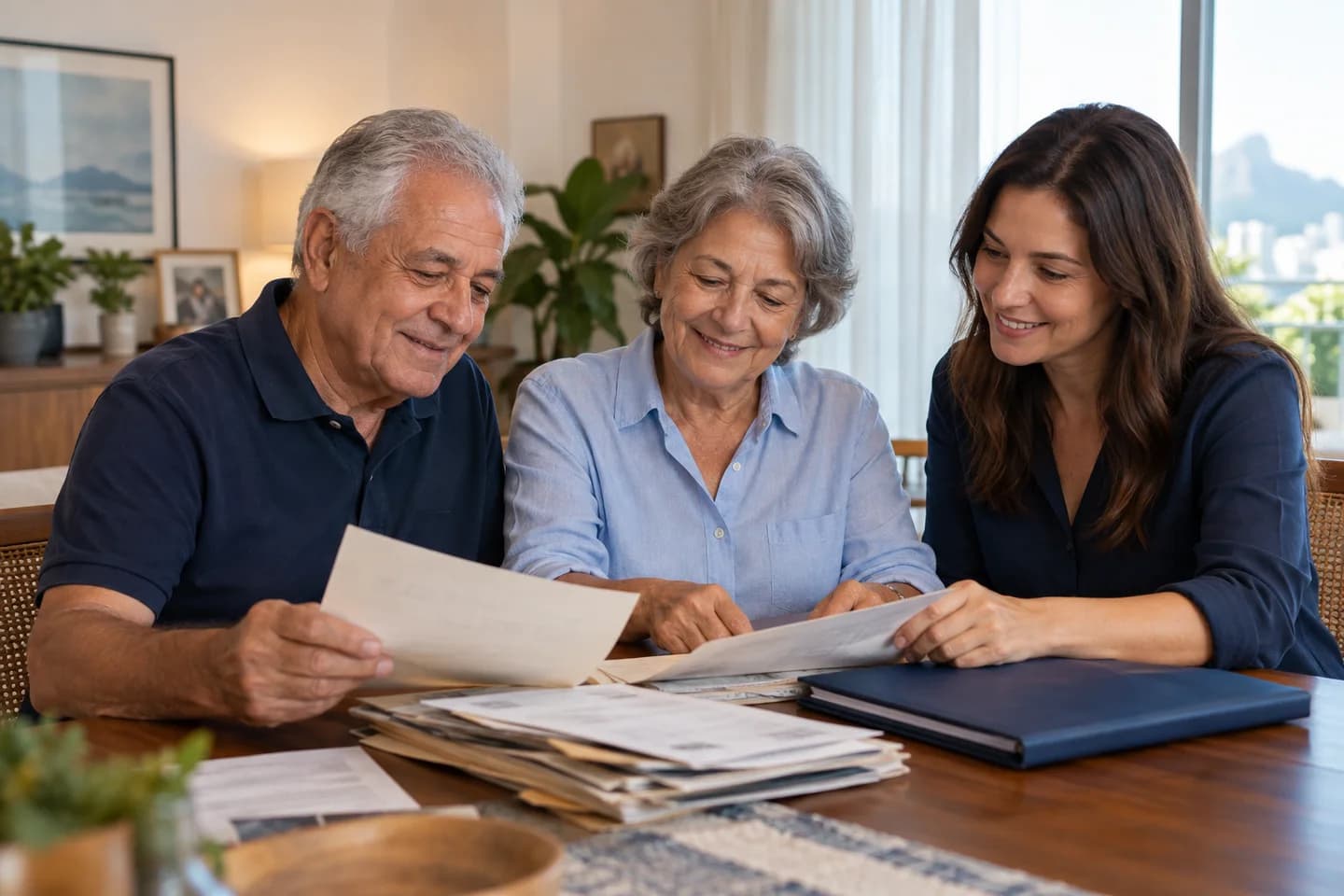 Cena ilustrativa de uma família reunida à mesa para conferir documentos antigos.