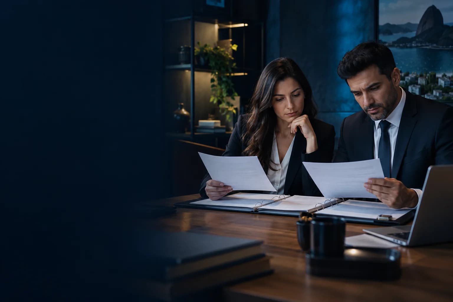 Analistas comparando documentos anteriores e atuais antes de renovar uma parceria.