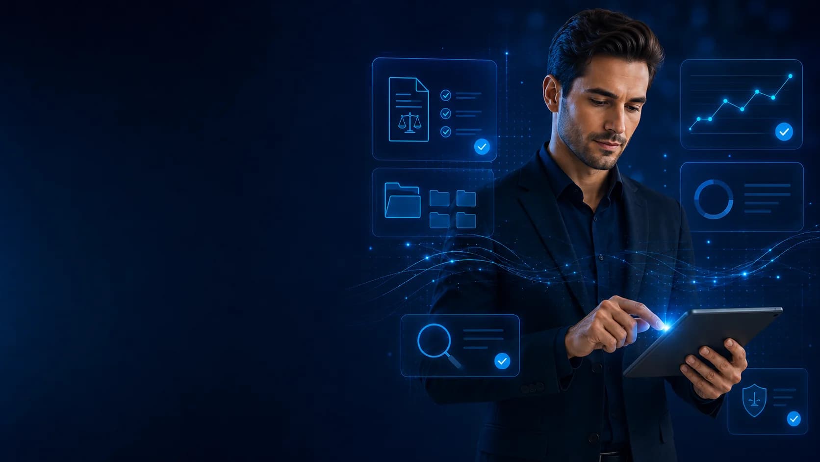 Especialista analisando documentos e indicadores digitais
